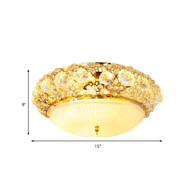 Plafonnier semi-monté moderne en cristal transparent avec diffuseur en verre opale, doré, 15 / 19 po