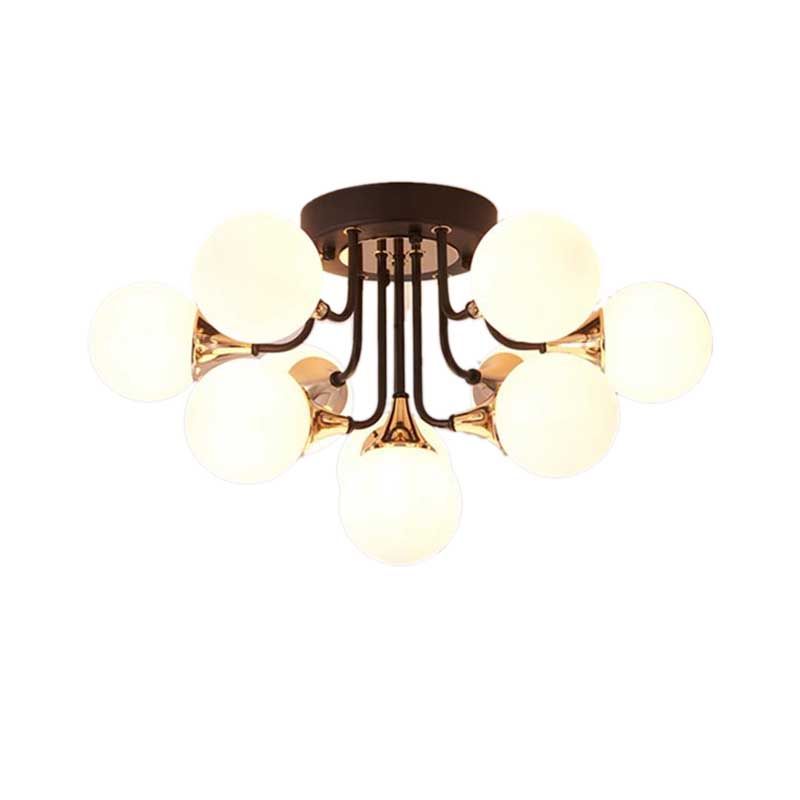 6/10/13 Lights Corridor Semi Flush Chandelier Milk White Glass Shaded Sphere Ceiling Mounted Light in Black