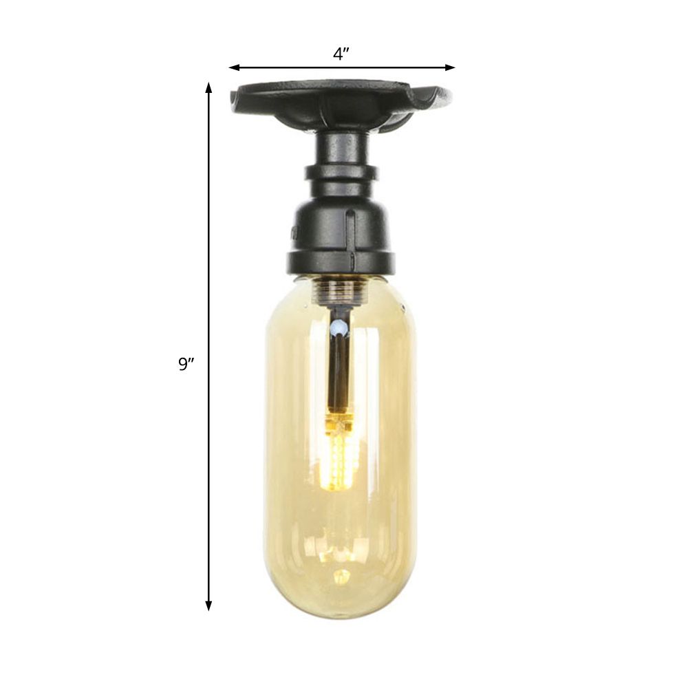 1 Light Capsuled Shade Semi Flush Light Industrial Black Amber Glass Ceiling Mount with Pipe Design