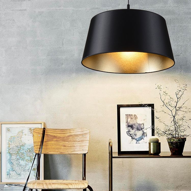 Frustum Hanging Light Simplicity Fabric 1-Light Dining Room Pendant Light in Black and Gold Inner