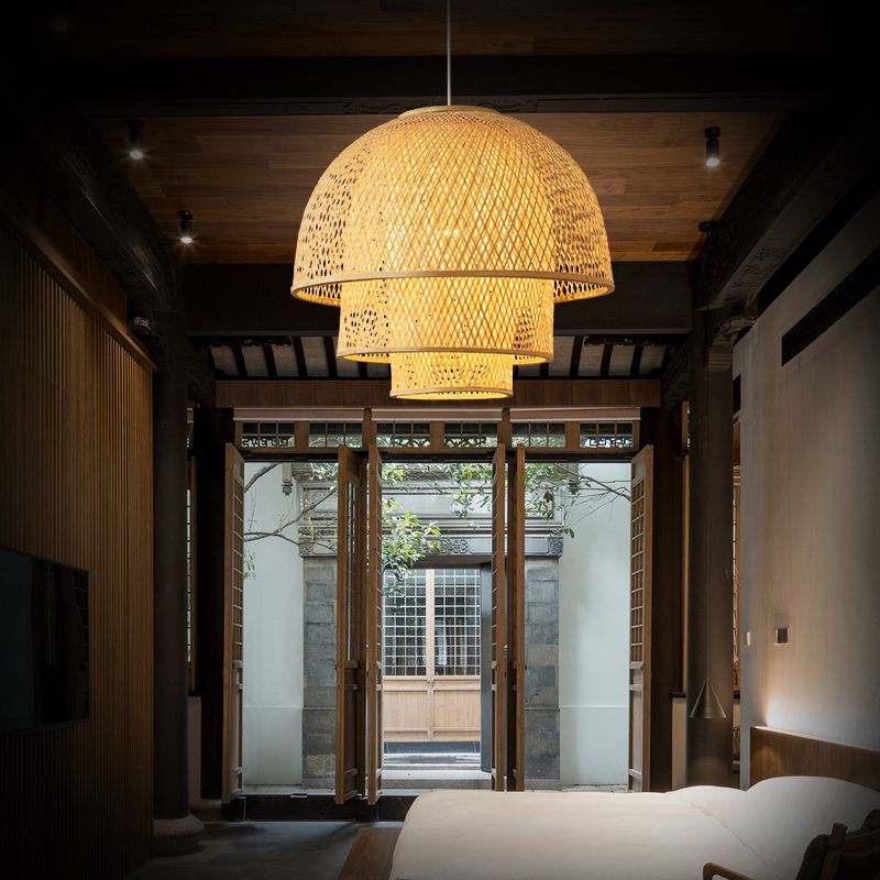 Wood Woven Suspension Lighting Simplicity 1-Light Bamboo Pendant Light for Tea Room