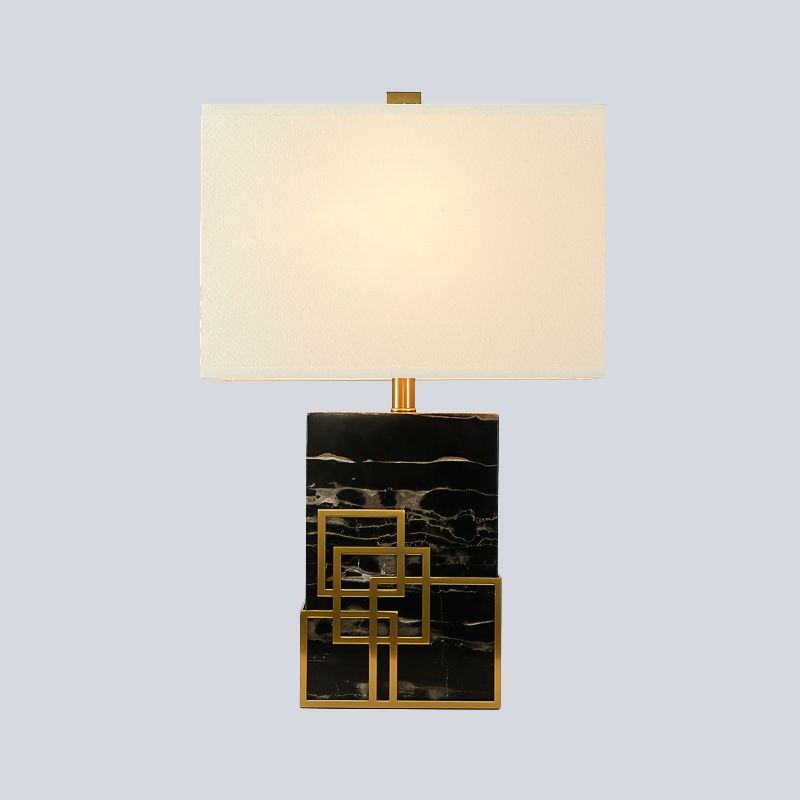 Fabric Shaded Table Lamp Modern 1 Bulb White Desk Light with Black Rectangle Marble Base