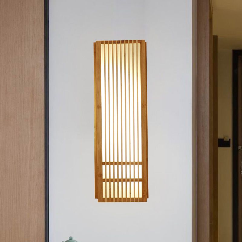 Beige Rectangular Wall Sconce Lighting Asian Style Single Bulb 4"/6" Wide Wooden Wall Mount Lamp for Bedroom