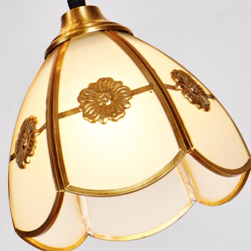 Geschulpte bel multi plafondlicht artistiek vorstglas 6 koppen koperen ophanging verlichting