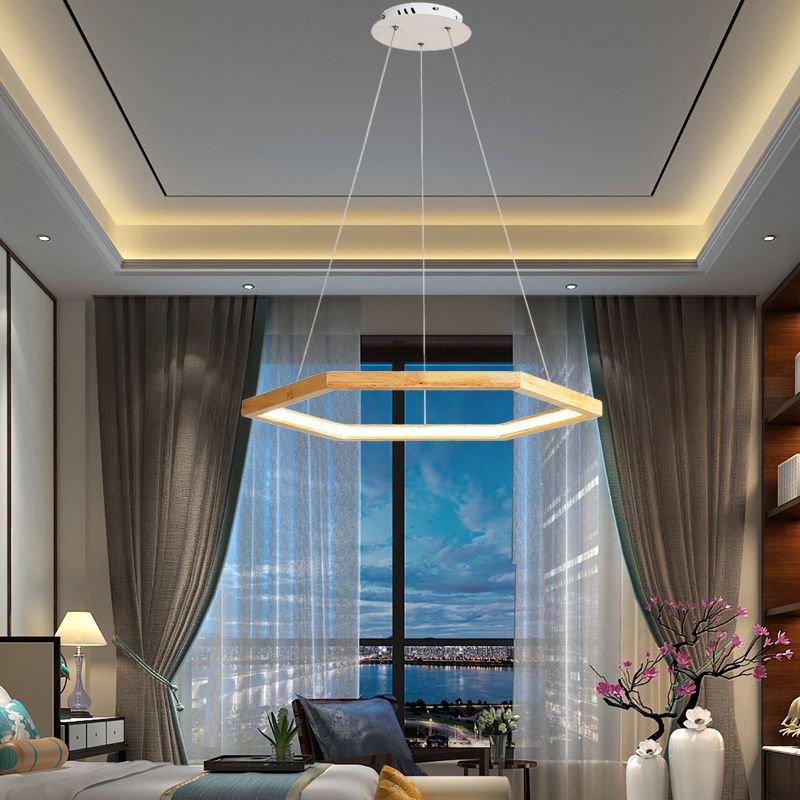 Hexagonal Pendant Chandelier Contemporary Acrylic LED Light/Dark Wood Hanging Ceiling Light, 16"/19.5"/23.5" Wide