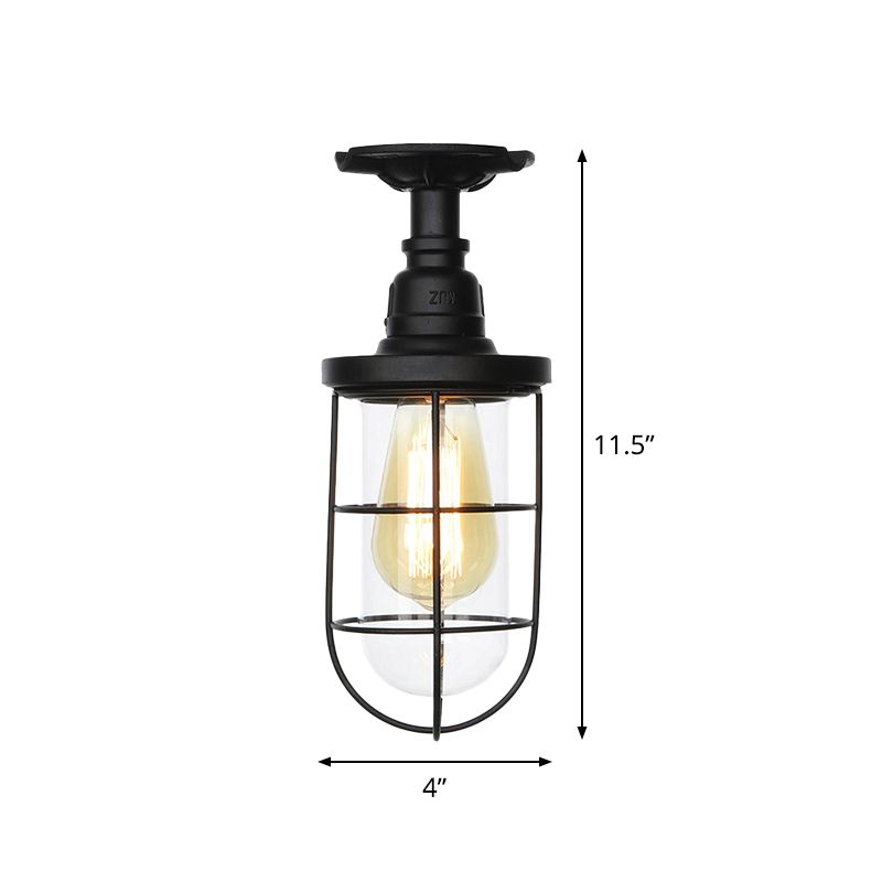 1-Head Caged Semi Flushmount Antiqued Black Iron Flush Ceiling Lamp with Clear Glass Shade
