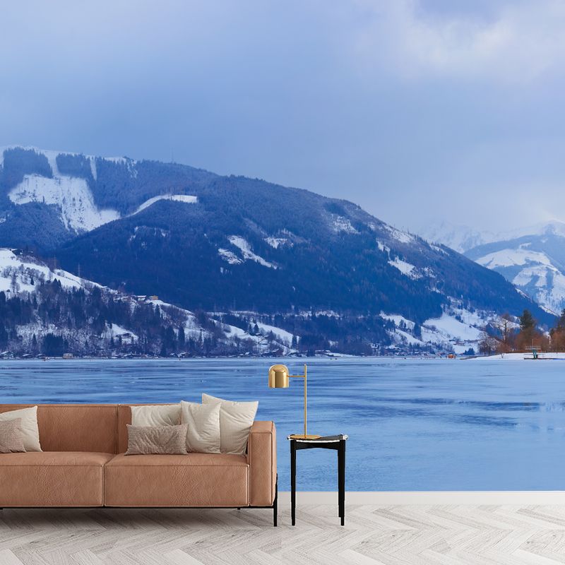 Village Frozen River Scenery Mural Blue Contemporary Wall Covering for Living Room