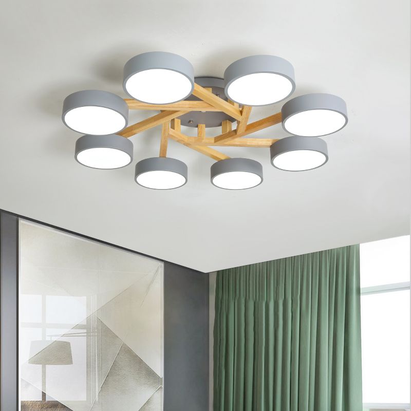 Wood Branch Ceiling Flush Light Minimalistic LED Semi Flush Mount Lamp with Round Acrylic Shade
