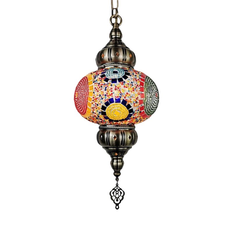 Stained Glass Red/Orange/Green Pendant Lamp Oval 1 Head Vintage Suspension Lighting