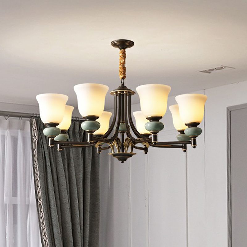 Carillon Wohnzimmer Kronleuchter Vintage White Glass 6-Light Black Anhänger Licht mit Keramikdekoration