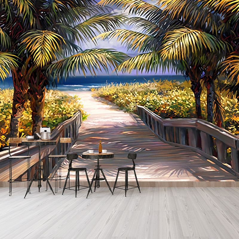 Tropical Mural Wallpaper Light Color Coconut Tree and Road Customized Wall Decor, Made to Measure