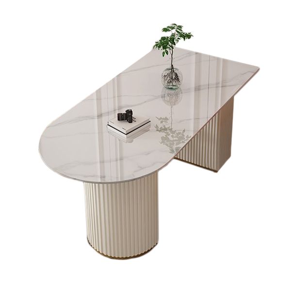 Contemporary Dining Table Stone Dining Table in White with Double Pedestal