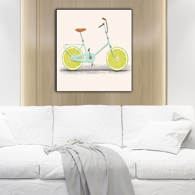 Pastel Color Childrens Art Canvas Lemon Bicycle Wall Decor for Dining Room, Textured