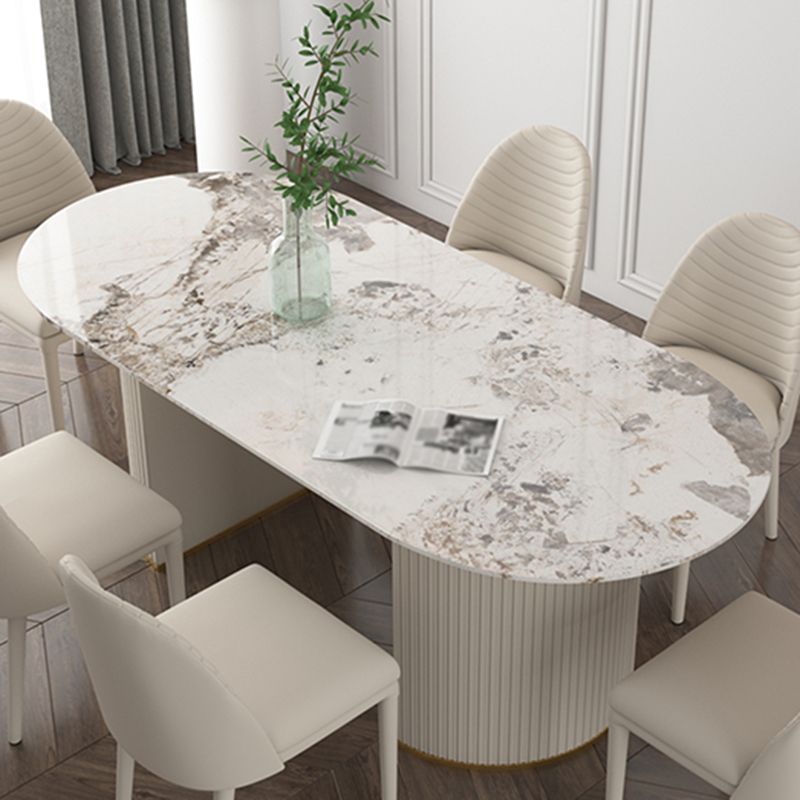 Oval Sintered Stone White Tone Dining Table Simplicity Double Pedestal Table for Dining Room