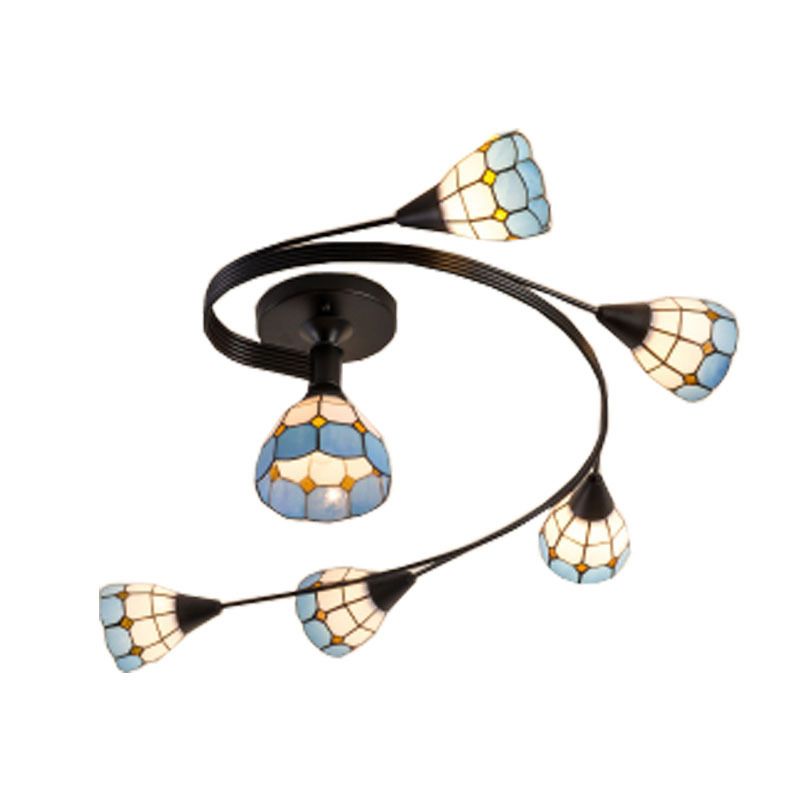Floral Swirl Semi Flush Light Blue-White Glass Mediterranean Ceiling Light for Living Room