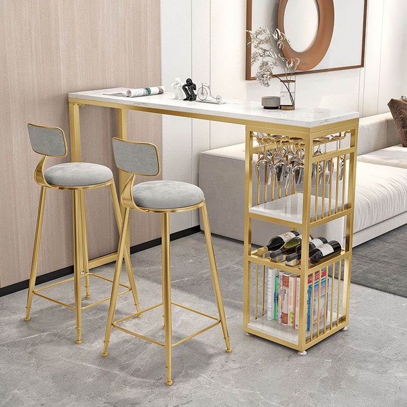 Glam White Marble Bar Dining Table Iron Double Pedestal Bistro Table with Shelve
