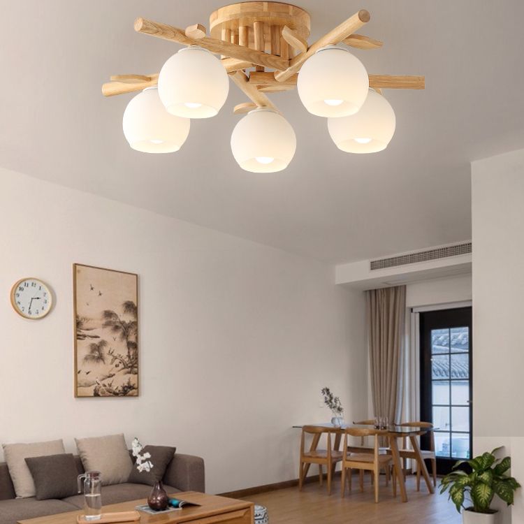 Log Color Indoor Ceiling Fixture in Modern Concise Style Wooden Globe Ceiling Light with Glass Shade