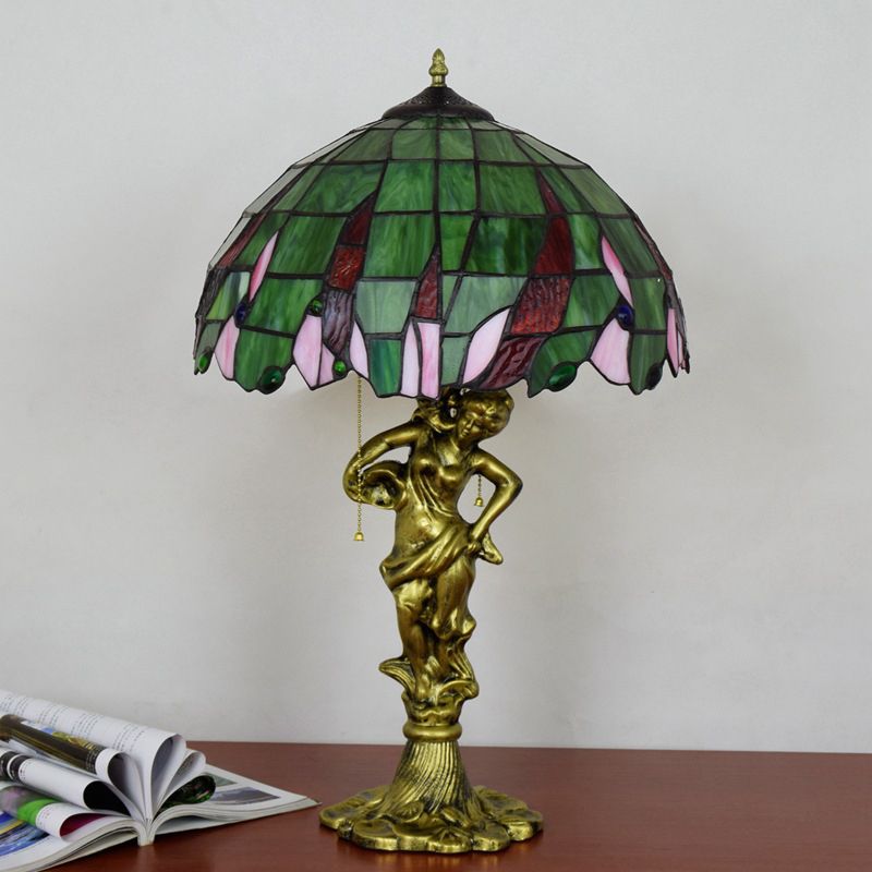 Bronze Dame tenant une table de pot Light Tiffany Tiffany 3-Light Pull Chain Night Lampe avec de l'ombre ornée de bijoux