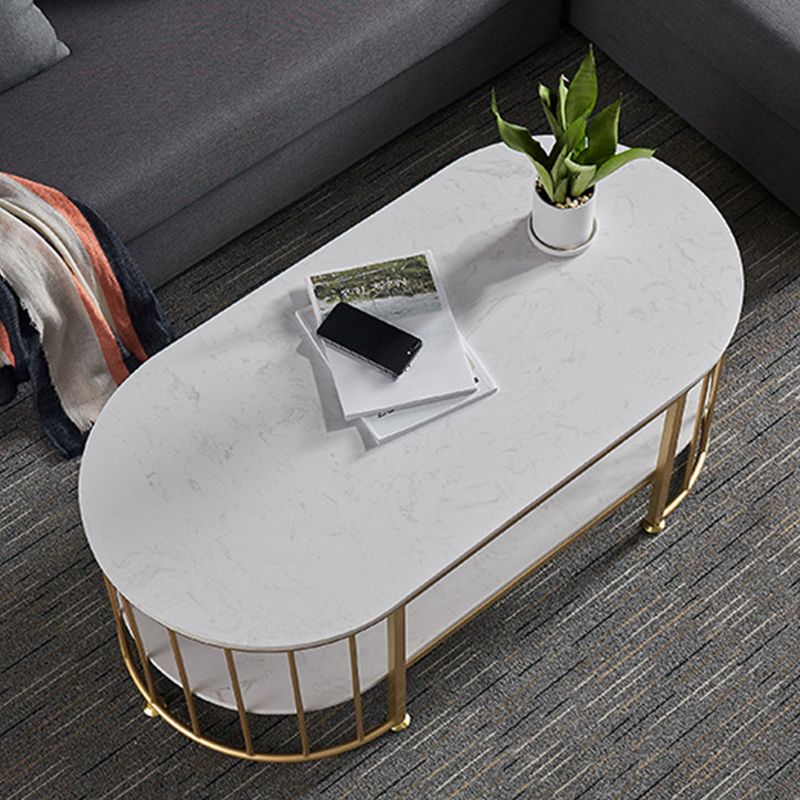 Glam Style Cocktail Table with Shelf and Stone Top and Steel Base