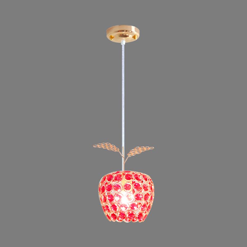 Red Crystal-Encrusted Apple Shape Pendant Contemporary 1 Light Hanging Ceiling Lamp in Gold