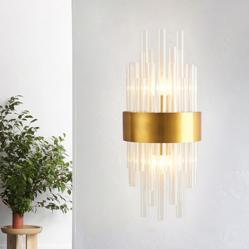 Gold Finish Half Shade Wall Mount Light Modern 2 Heads Crystal Tube Wall Lighting Ideas for Corridor