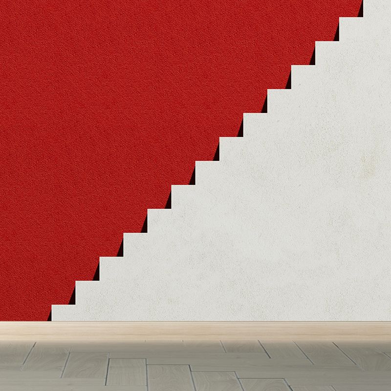 Non-Woven Waterproof Mural Simplicity Side View of Stairs Wall Covering in Red-Grey