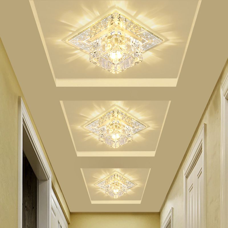 Modernist Square Ceiling Mounted Light LED Clear Crystal Block Flushmount Lighting in White/Warm Light