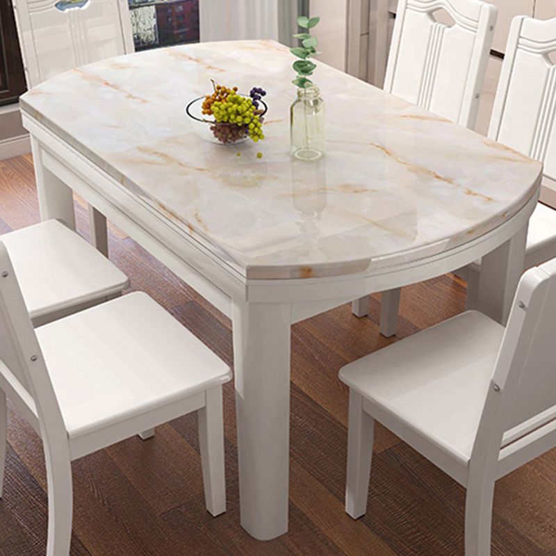 Modern Round White Stone Top Retractable Dining Table with 4 Rubberwood Legs
