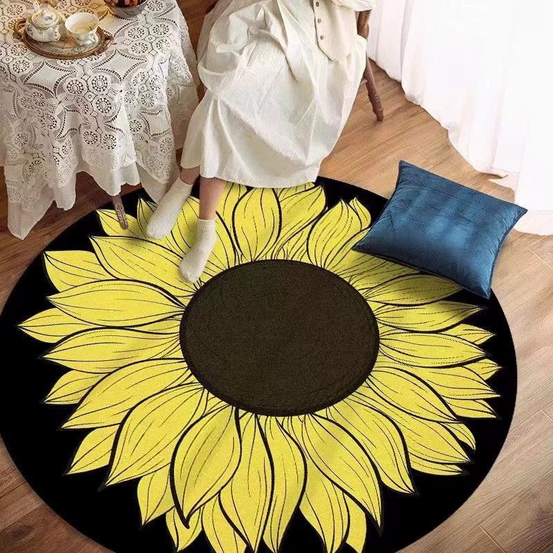 Round Floral Print Rug Casual Polyester Carpet Stain Resistant Area Carpet for Living Room