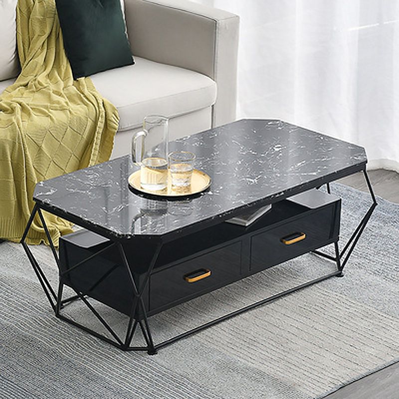 17.7" H Glam Rectangle Coffee Table Iron Frame Cocktail Table with 2 Drawers