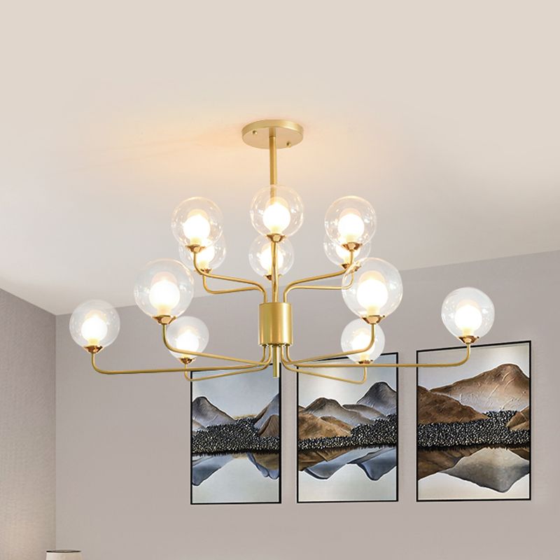 2-Tier Ball Clear Glass Chandelier with Radial Design Contemporary 8/12/18 Lights Black/Gold Hanging Light Fixture