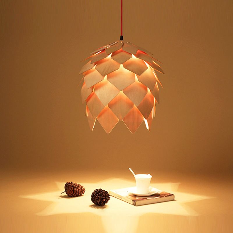 Modern Wood Ceiling Light Fixture 1-Light Pine Cones Pendant Light for Dining Room