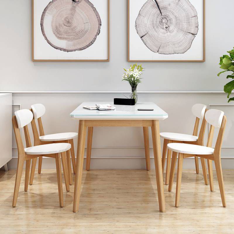Glass Top Dining Table Modern Dining Table with 4 Solid Wood Legs