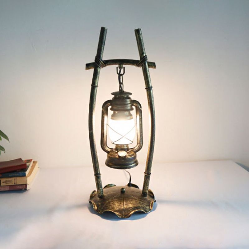 Antiqued Brass Single Night Lamp Farmhouse Opal Glass Kerosene Table Light with Frame and Ruffled Base