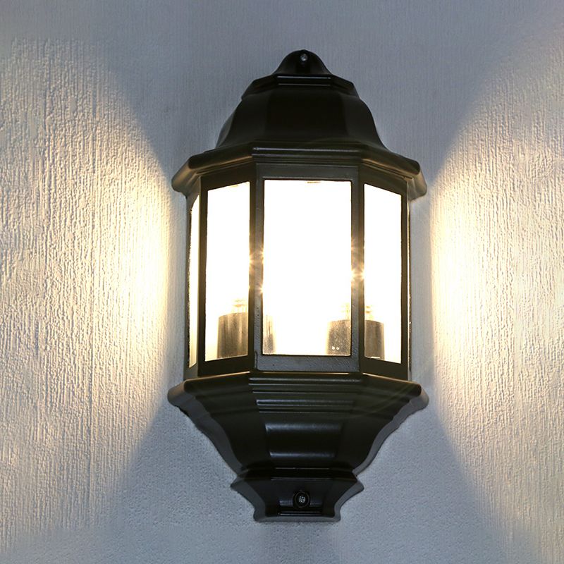 Black/White Geometric Wall Mounted Light Lodges Clear Glass 2-Bulb Corner Outdoor Surface Wall Sconce