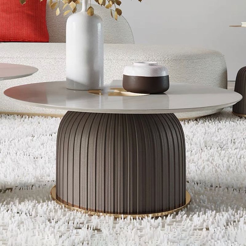Modern Style Round Coffee Table with Drum Base Metal Design Rock Plate Top