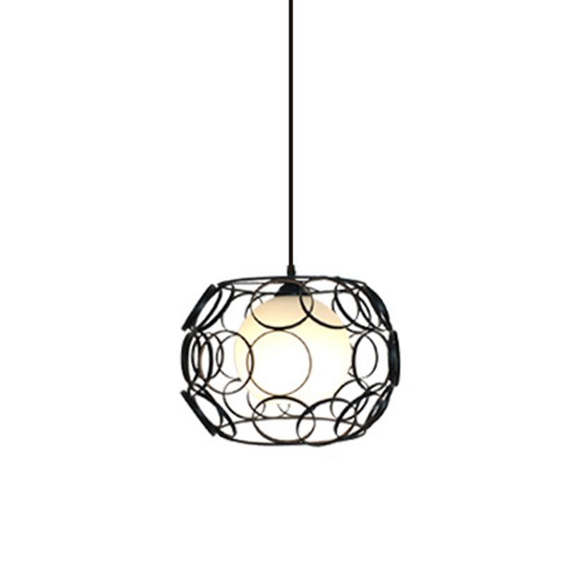 Black/White 1 Head Hanging Light Loft Metal Spring/Ova/Octagon Ceiling Pendant with Inner Globe Opal Glass Shade