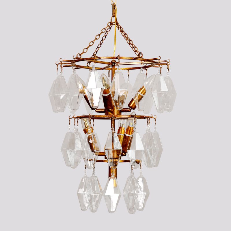 Diamond Clear Crystal Chandelier Lamp Countryside 8 Heads Living Room Pendant Light in Gold with Tiered Design