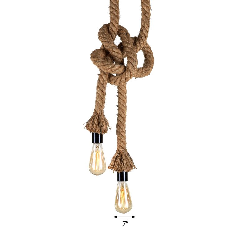 Light Brown 2 Heads Ceiling Pendant Light Vintage Style Rope Open Bulb Hanging Lighting for Bar