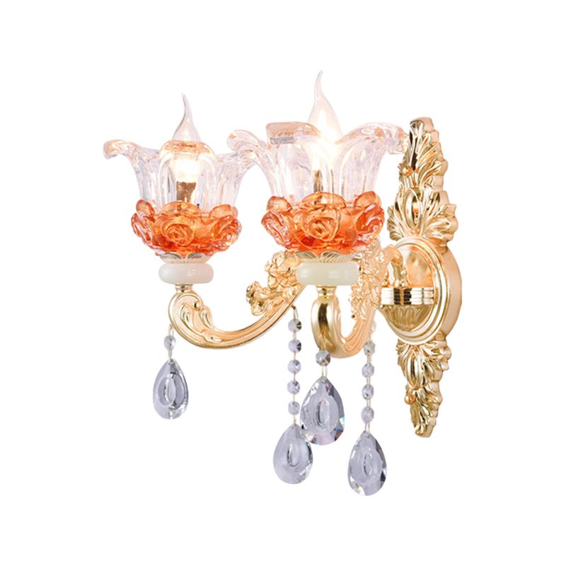 Classic Candlestick Sconce Lamp 2 Lights Crystal Wall Light with Carved Arm and Backplate in Pink/Yellow/Orange