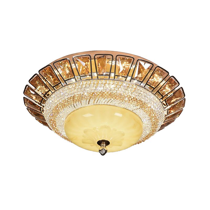 Bowl Cognac and Clear Crystal Ceiling Light Contemporary LED Living Room Flush Mount Fixture in Gold