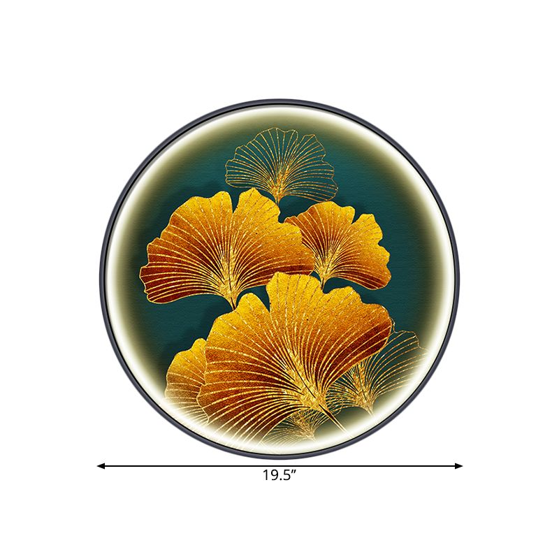 Aziatische ronde wand muurschildering Mount Lamp Fabric Led Corridor Wand SCONCE Licht met Ginkgo Leaf Patroon in geel/geelgroen