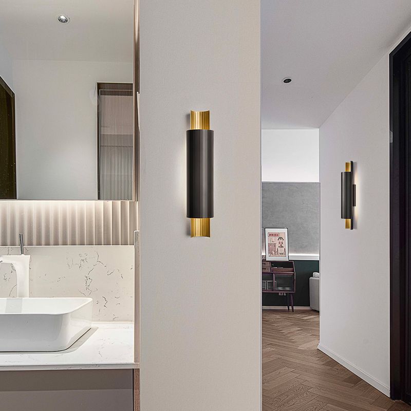 Pipe Shaped LED Wall Mount Lighting Postmodern Metal Bedside Sconce in Black and Gold Inner