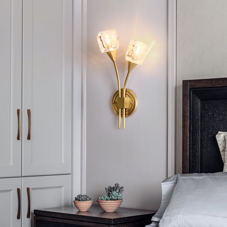 2-Light Gold Wall Lamp in Modern Luxury Style Copper Wall Sconce with Crystal Shade