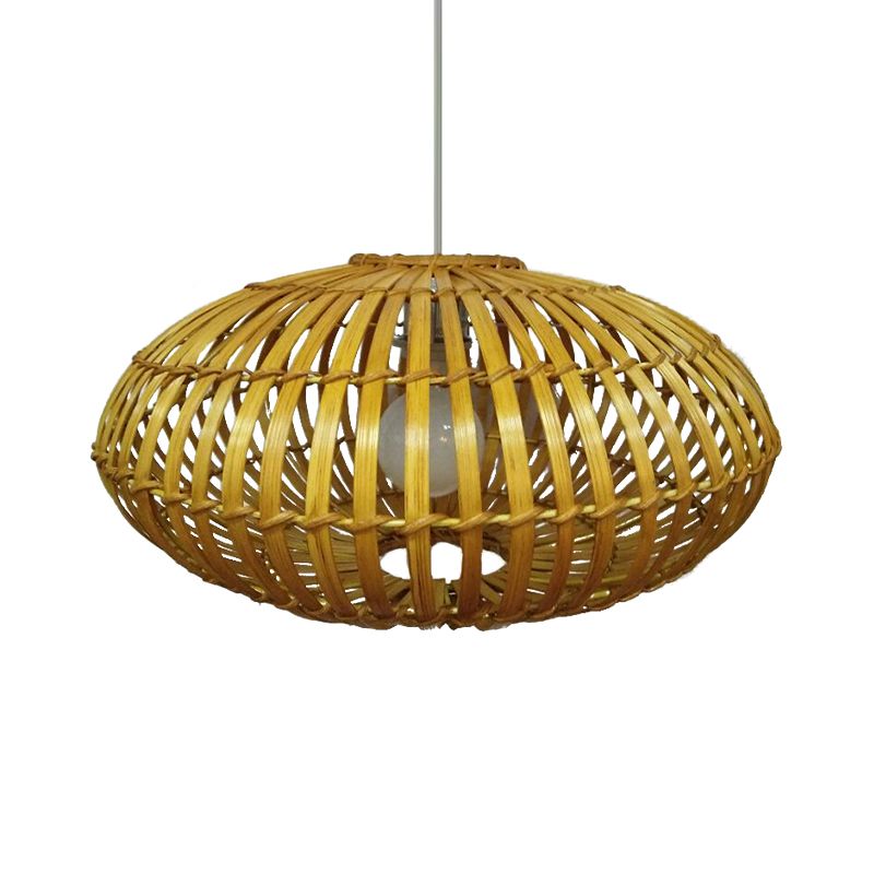 1 Bulb Restaurant Pendant Light Tradition Wood Hanging Lamp Kit with Donut Bamboo Shade
