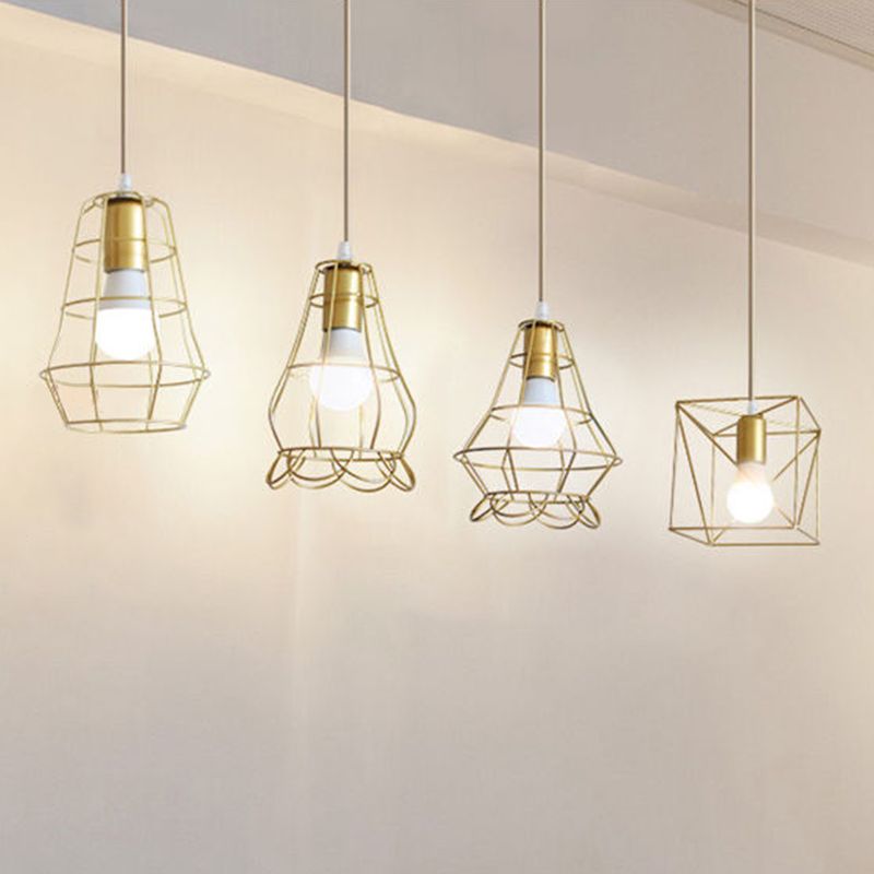 Metal Wire Cage Hanging Lamp Nordic Style Single Dining Room Ceiling Pendant Light in Gold