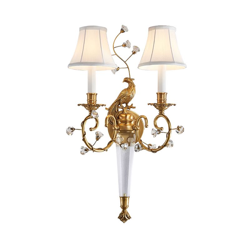 2 lichten taps toelopende wandlamp barmantse platteland messing stoffen sconce voor slaapkamer met gebogen arm