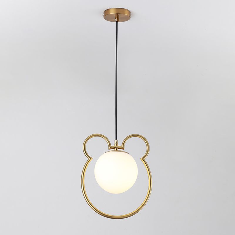 Nordic Minimalism Little Bear Lines Frame Hanging Light with White Glass Ball Shade Mini Pendant Fixtures for Bedside