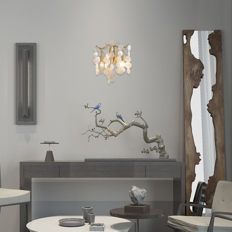 2 Lights Exposed Bulb Wall Sconce Light Contemporary Shell Wall Lighting in Gold for Living Room