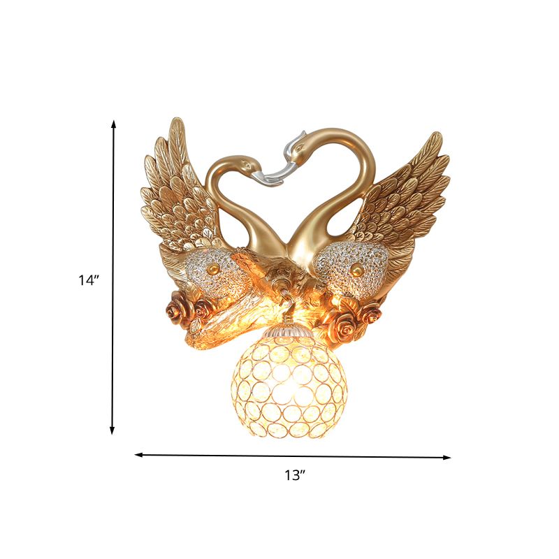 Resin Swan Wall Light Vintage 1 Light Gold Sconce Light with Dome Metal and Crystal Shade